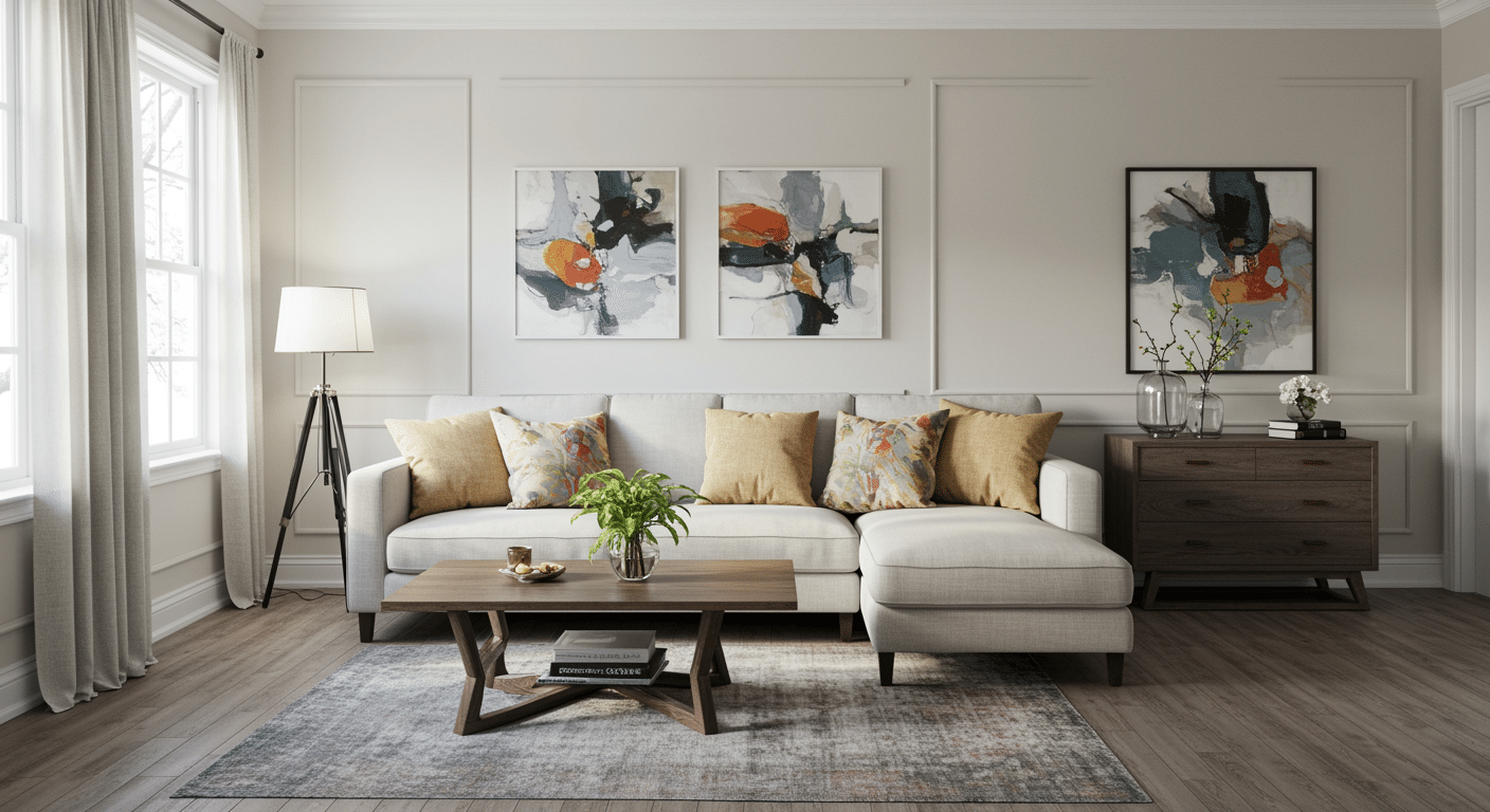 Modern living room with a beige sectional, wooden coffee table, and abstract wall art.