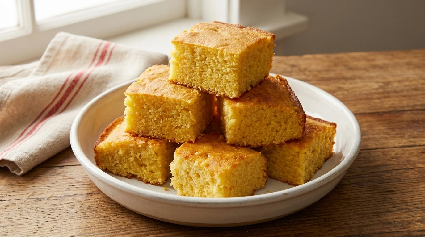 A bowl of freshly baked cornbread sits on a wooden table, showcasing its golden-brown color and crumbly texture.