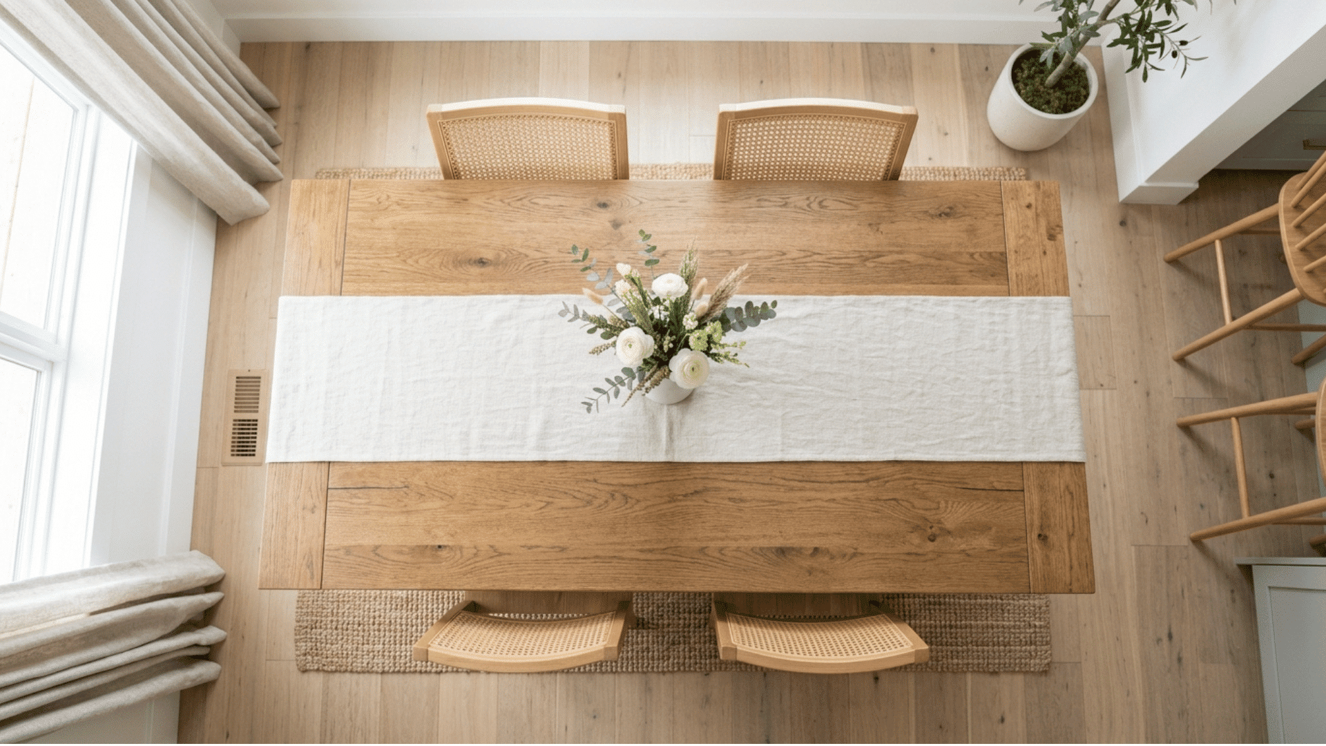 narrow table runner with a small ceramic dish on a dining table