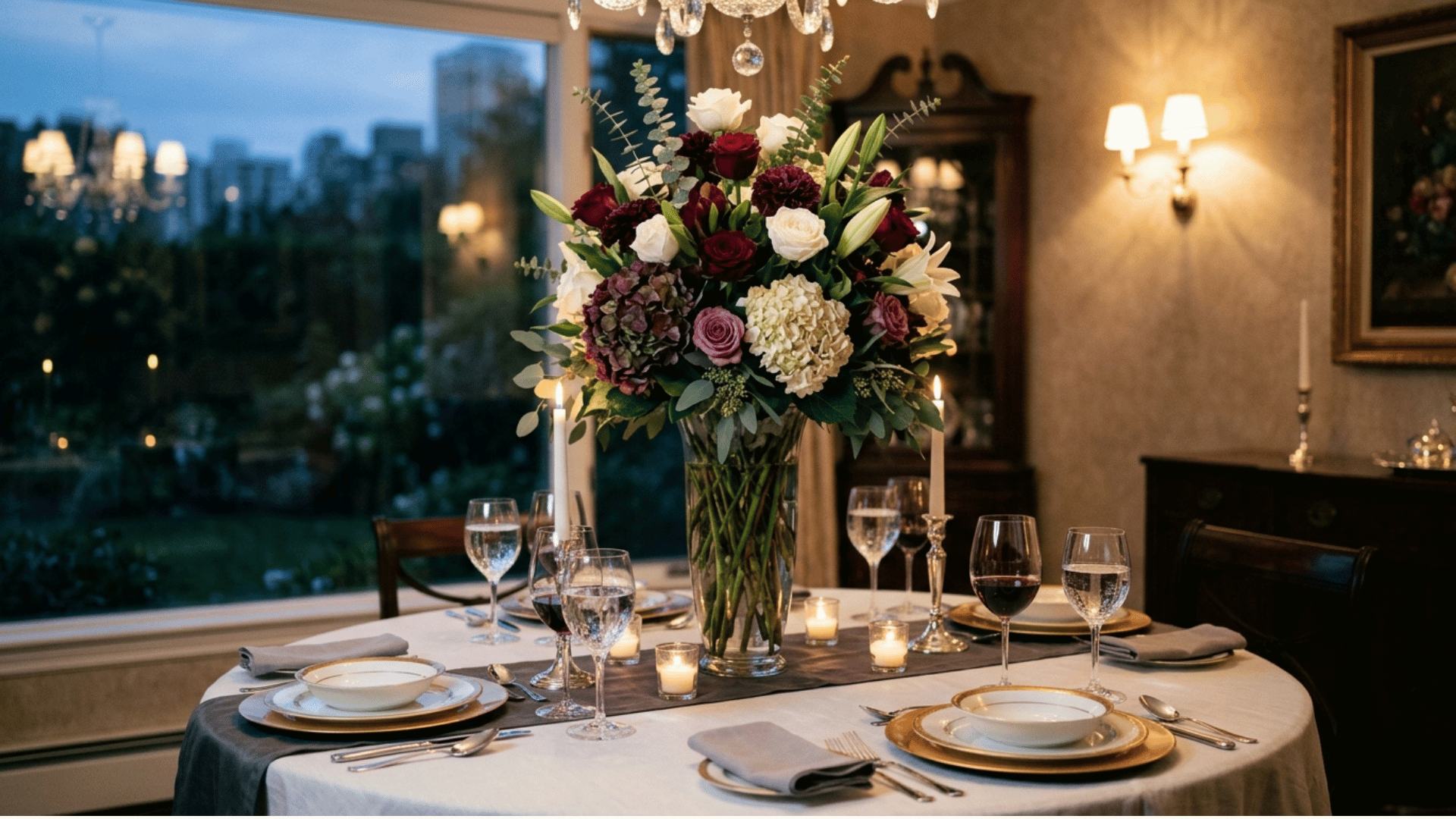 tall sculptural centerpiece on a formally set dining table for guests