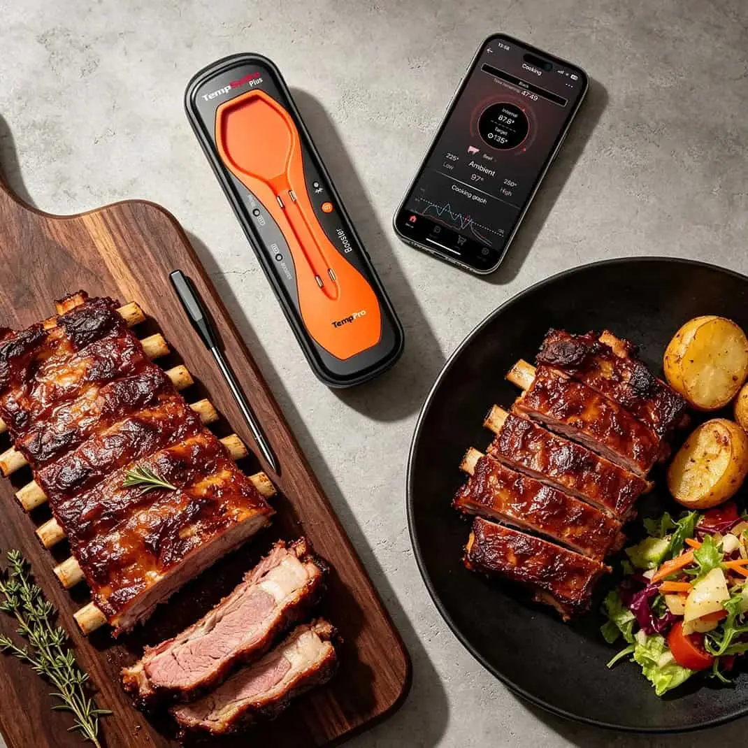 Barbecue ribs on wooden board with meat thermometer and smartphone on gray surface