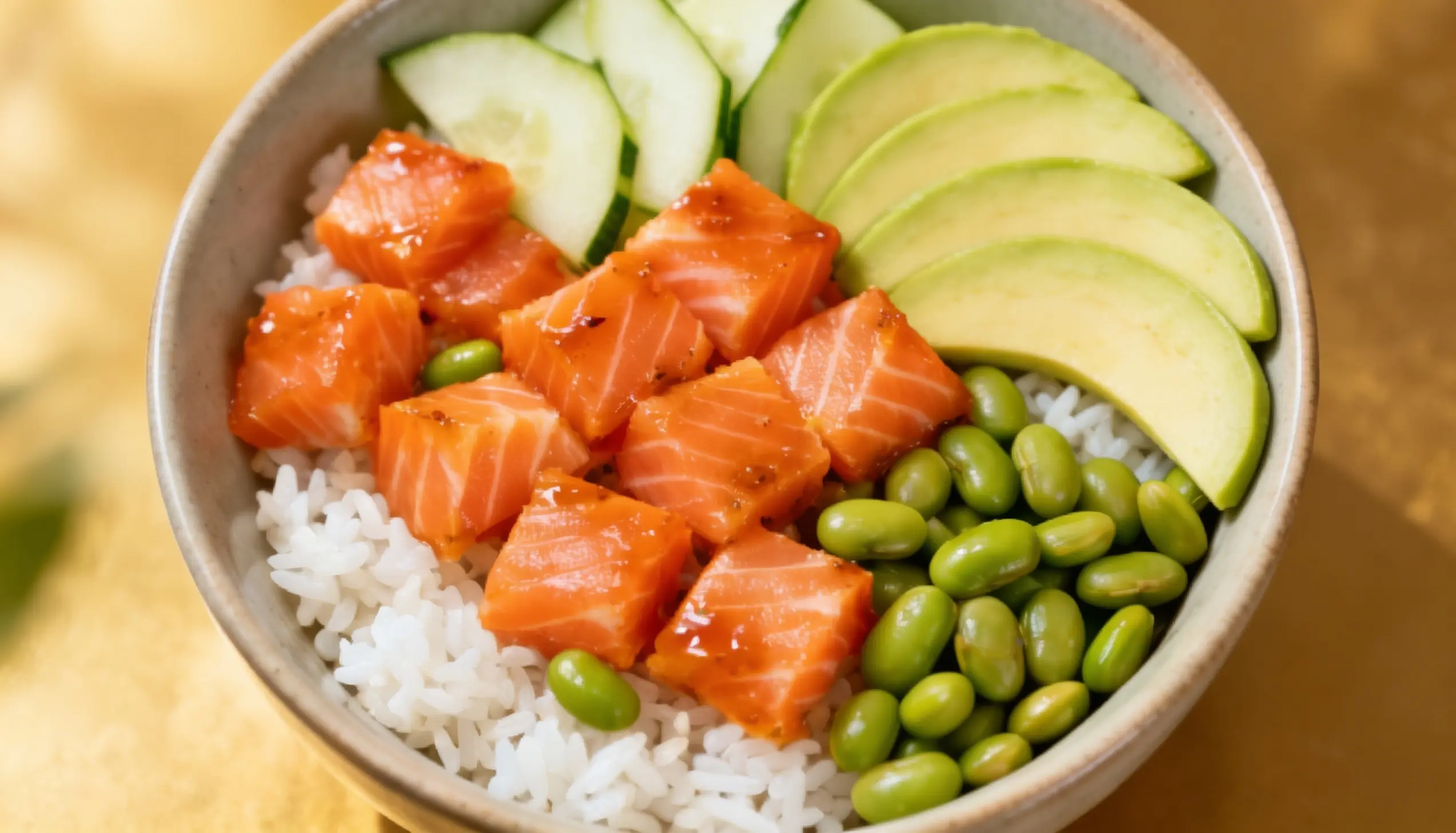 Close-up of a poke bowl with rice, diced salmon, edamame, sliced avocado, and cucumber.