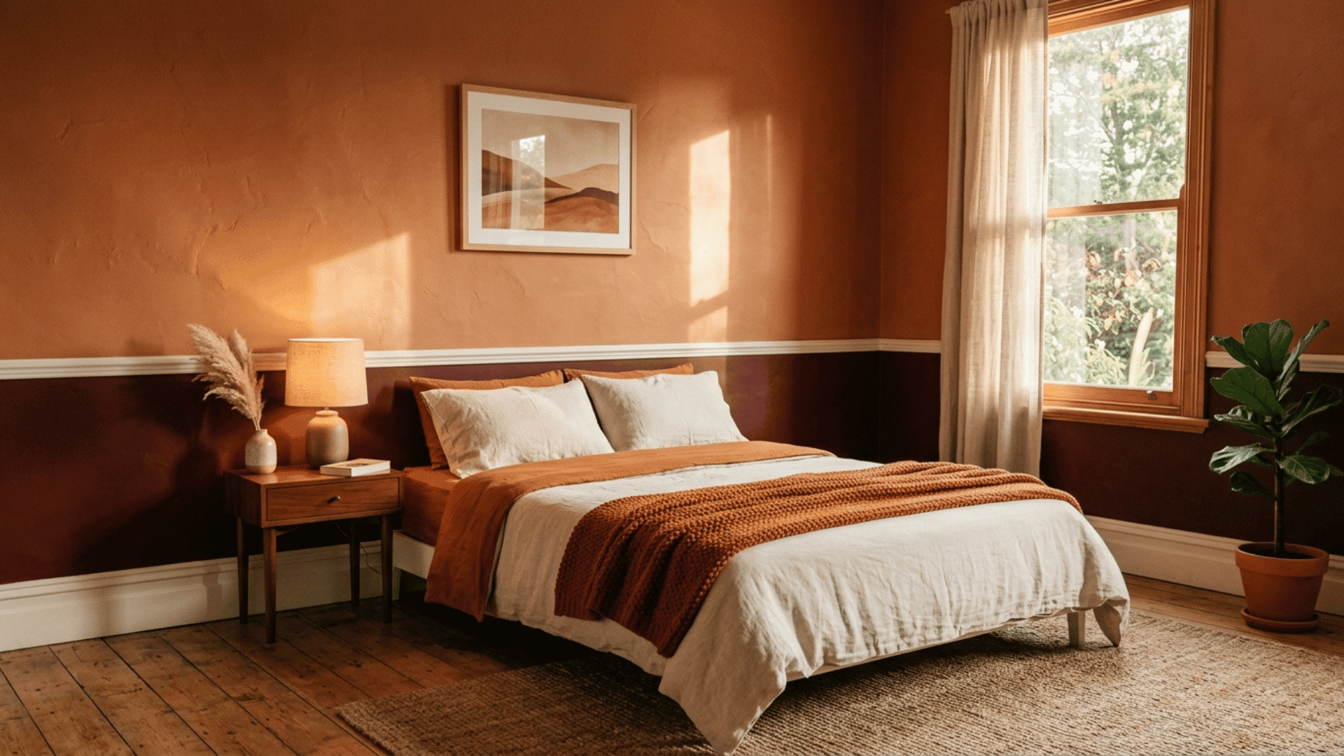 bedroom with warm terracotta and burgundy walls styled with cozy neutral bedding and natural light