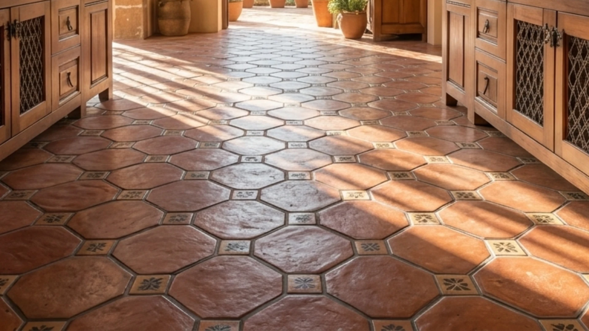 Octagonal terracotta tiles with decorative insets line a sunlit hallway between wooden cabinets.