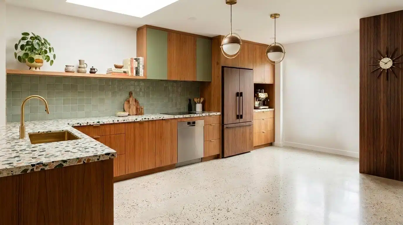 A modern kitchen featuring terrazzo countertops, a sink, and wooden cabinets, showcasing a stylish and functional design.