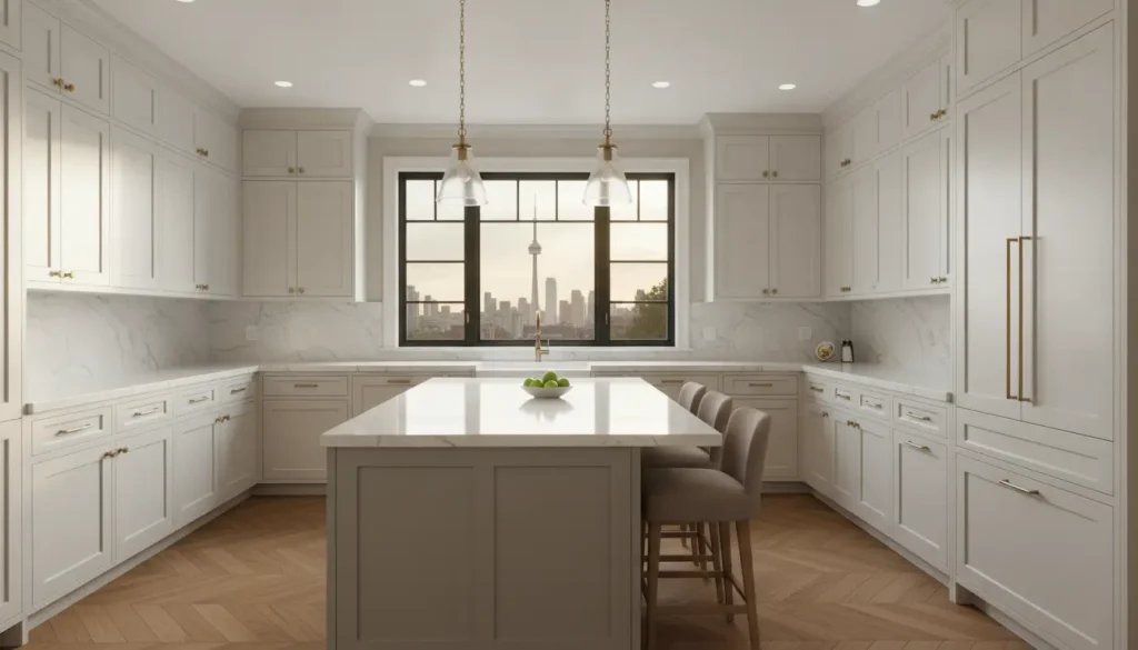 Luxurious white kitchen with marble countertops and city skyline view through large window
