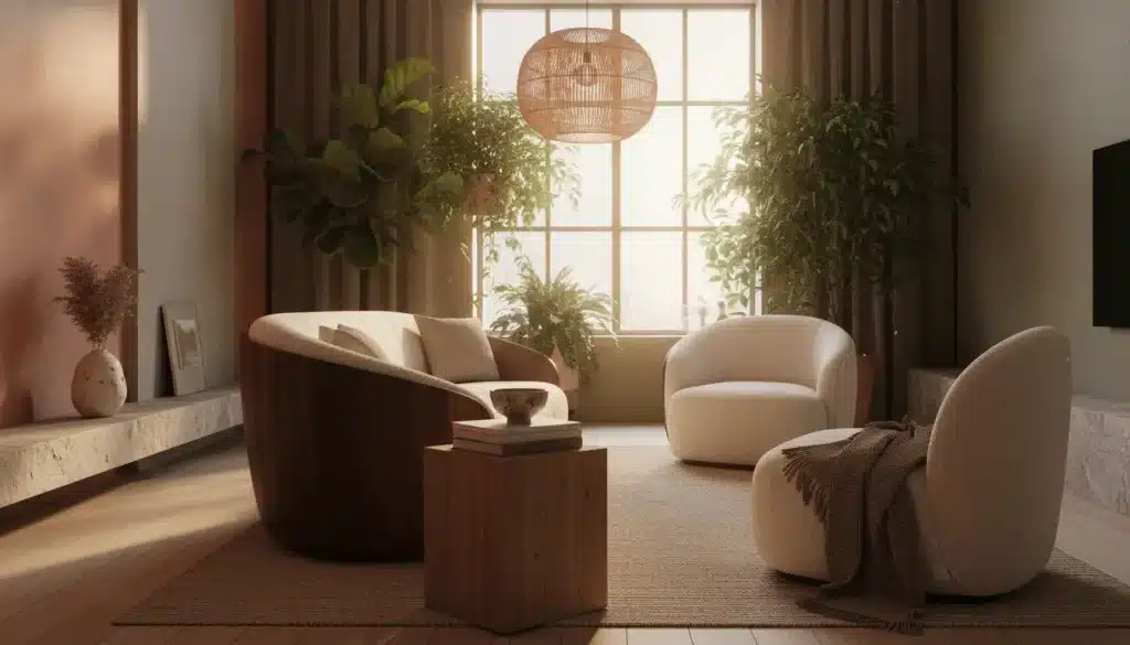 Contemporary living room with two armchairs, wooden table, and large potted plants near window