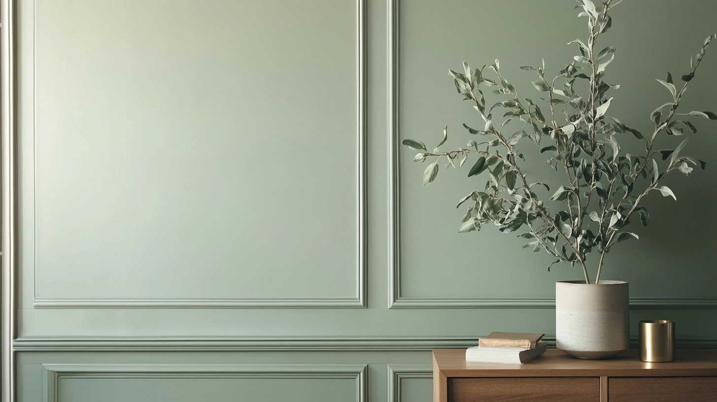 Saybrook Sage green wall with a leafy potted branch, wooden cabinet, books, and a brass candleholder.