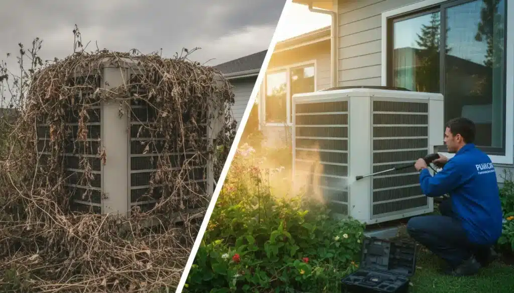 Overgrown air conditioning unit with plants compared to a clean unit being power washed in a garden setting