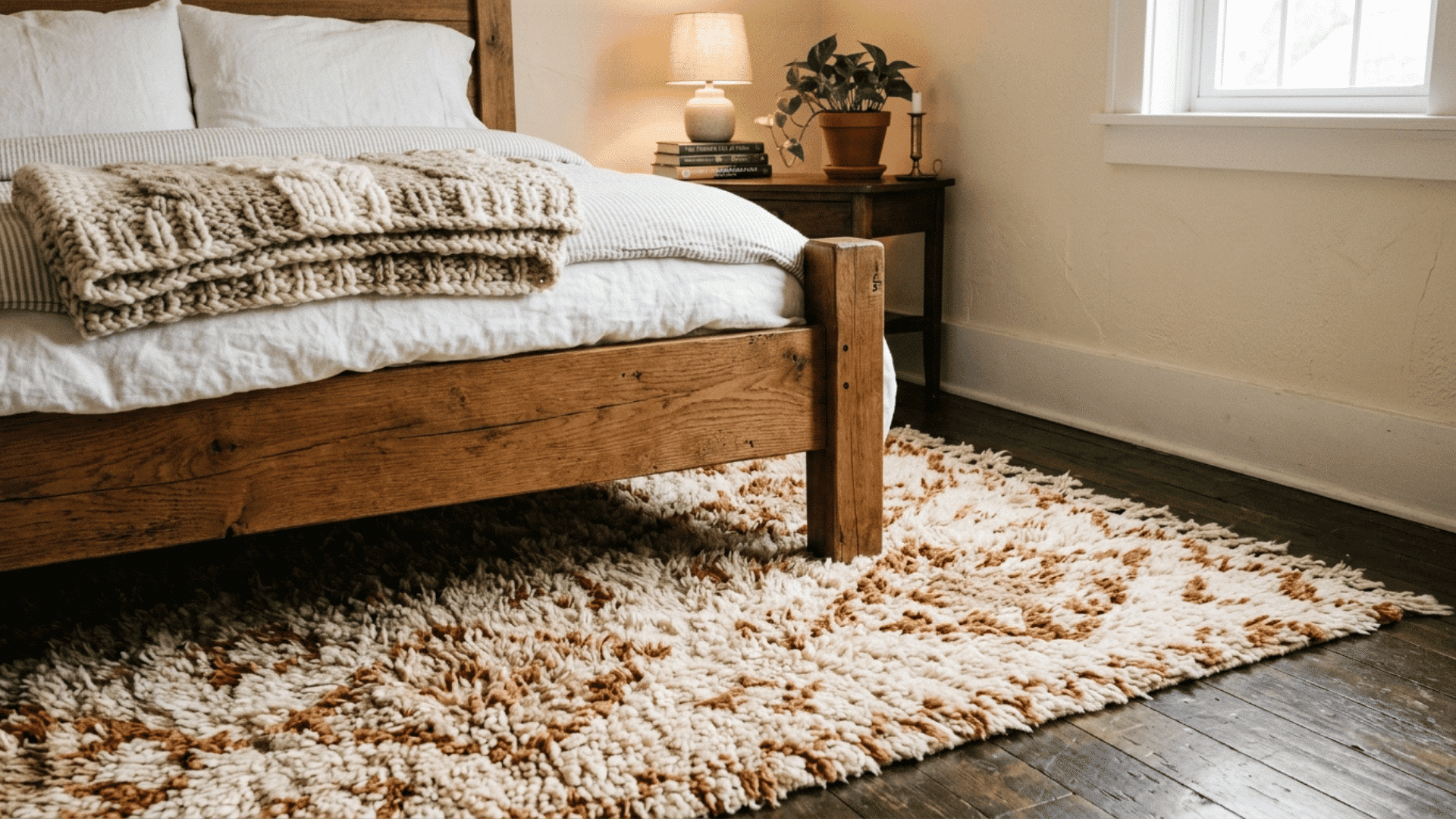 thick cream and rust shag rug under a wooden bed frame in a cozy warm bedroom