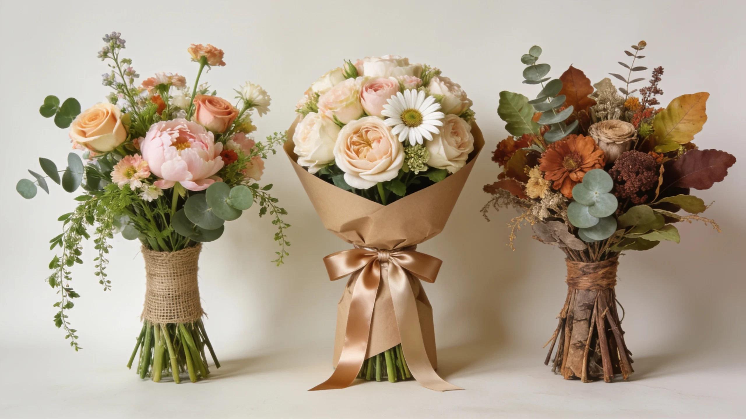 three bouquet styles displayed side by side including loose garden rounded and rustic floral arrangements