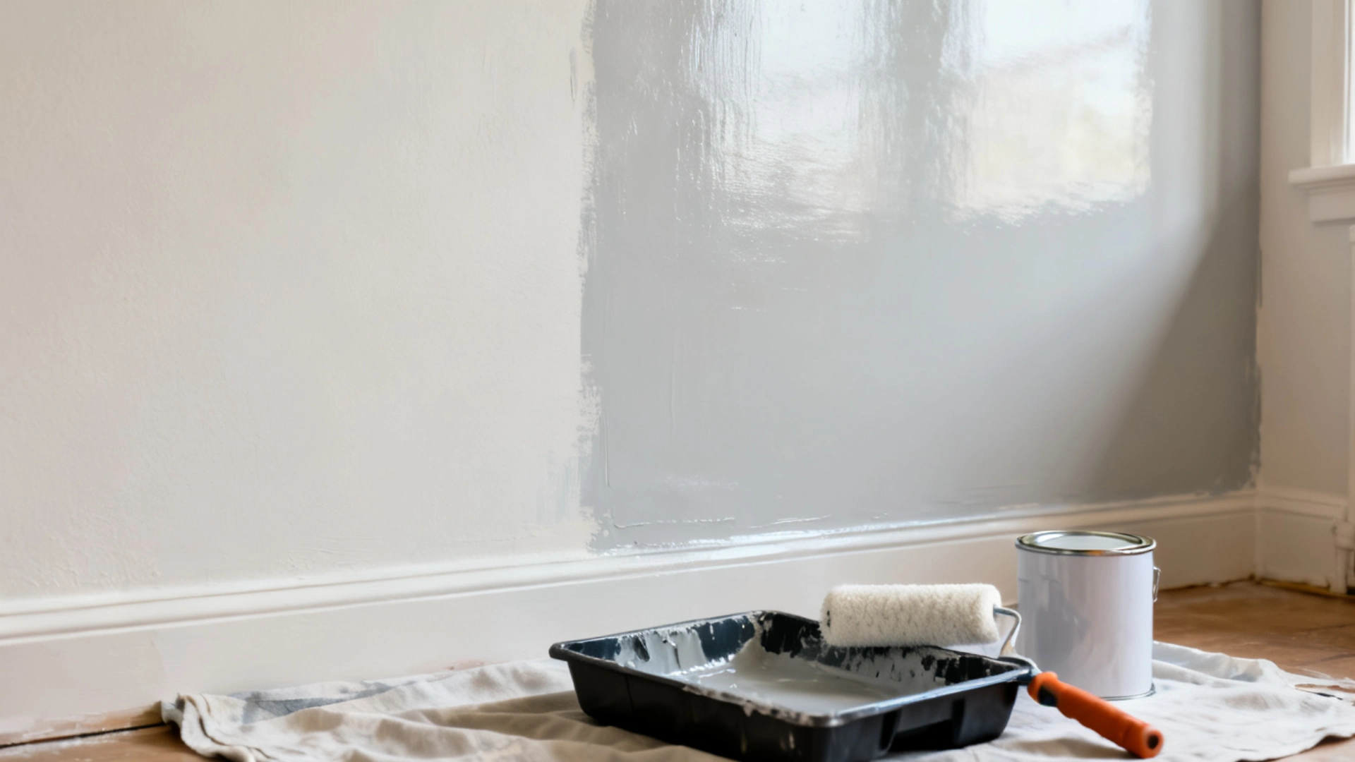 A wall is half painted in gray with a paint roller, tray, and can on drop cloth.