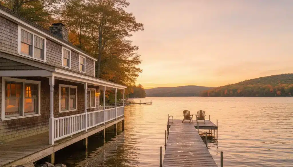 Lakeside cottage with wooden deck and Adirondack chairs at sunset in autumn setting