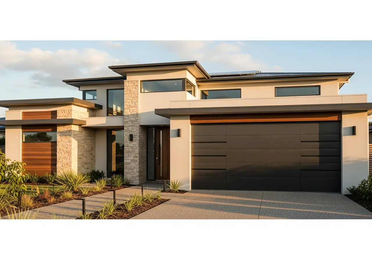 Modern two-story house with stone facade and large dark garage door in sunlight