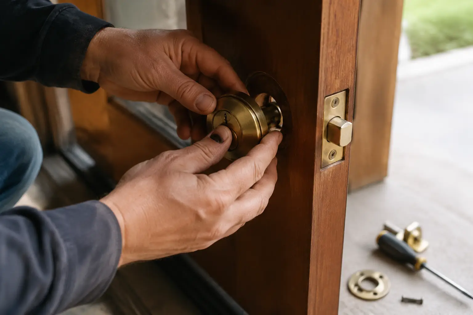 Hands installing brass doorknob on wooden door with screwdriver on ground