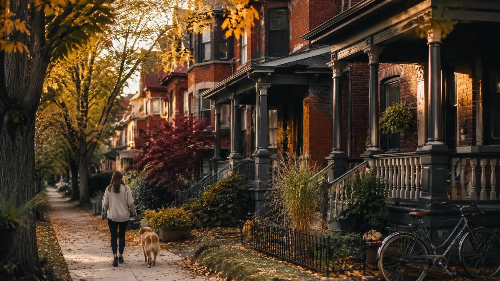 Woman walking dog along tree-lined street with red brick houses in autumn