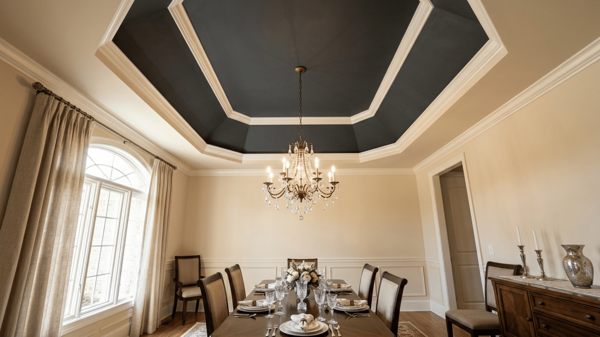 ceiling painted a darker shade above a dining room chandelier