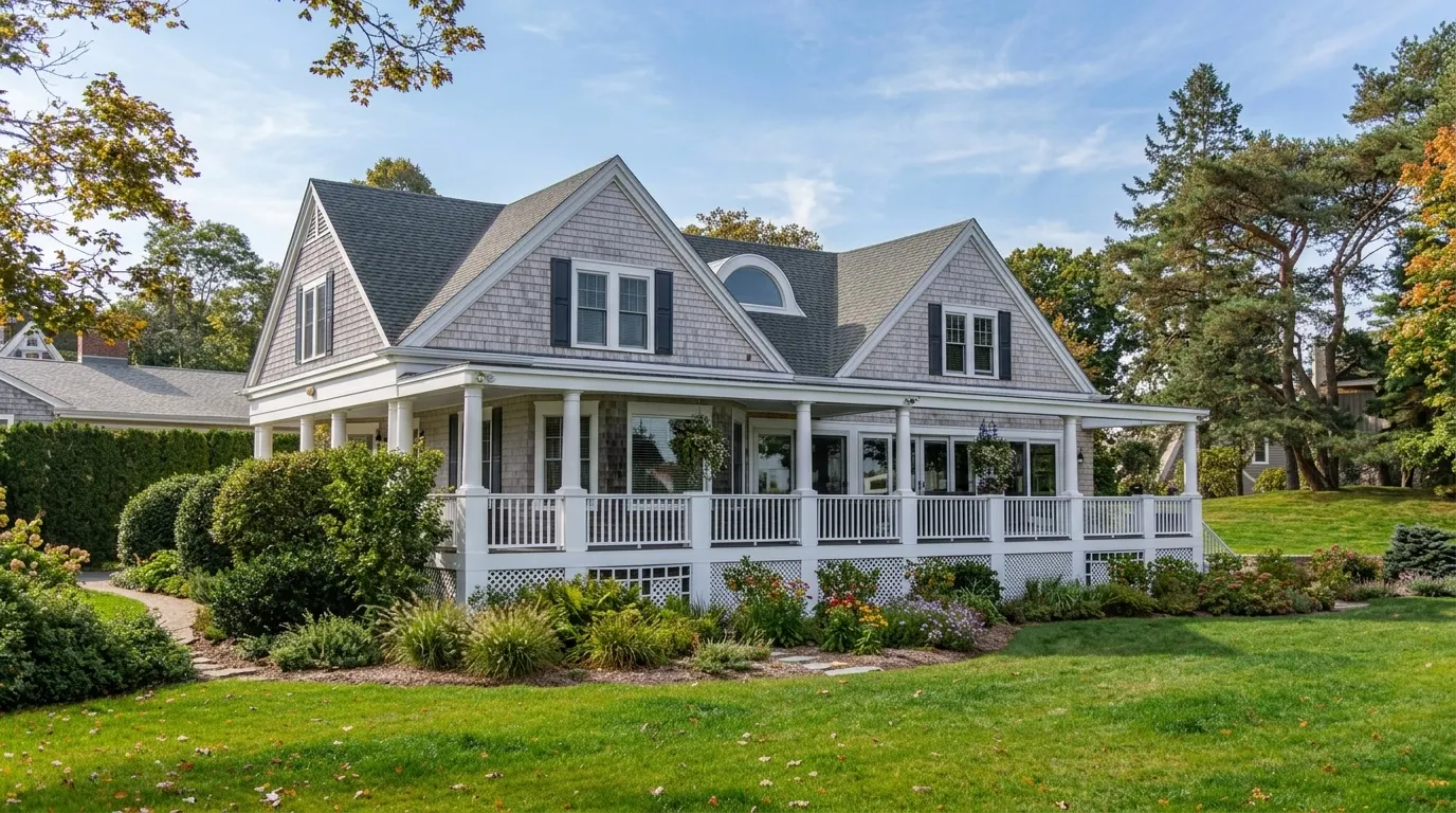 A spacious white house with a welcoming porch and a vast lawn in front.