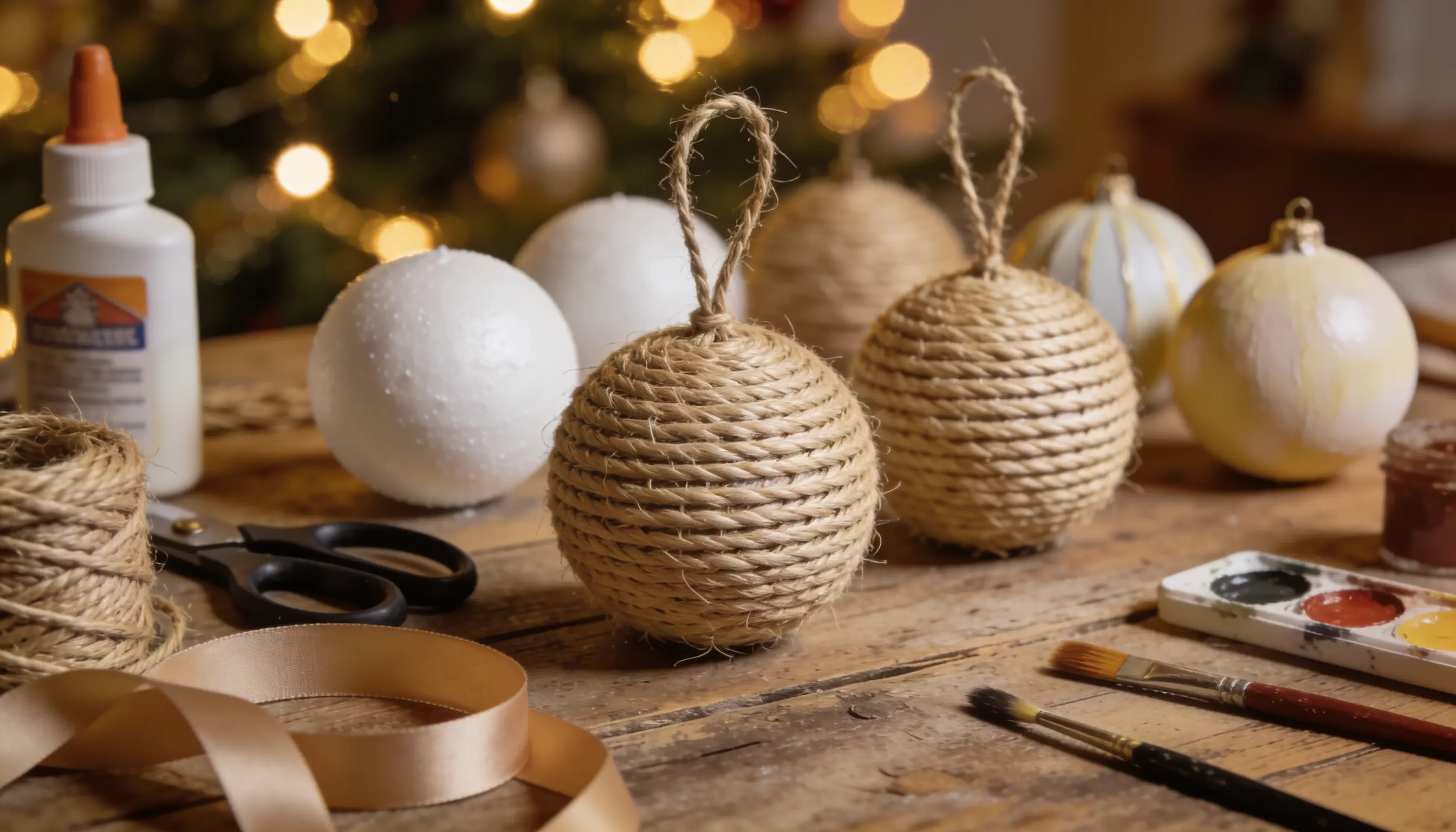Christmas ornaments being handmade with twine, styrofoam balls, glue, scissors, ribbon, and watercolors on a wooden table.