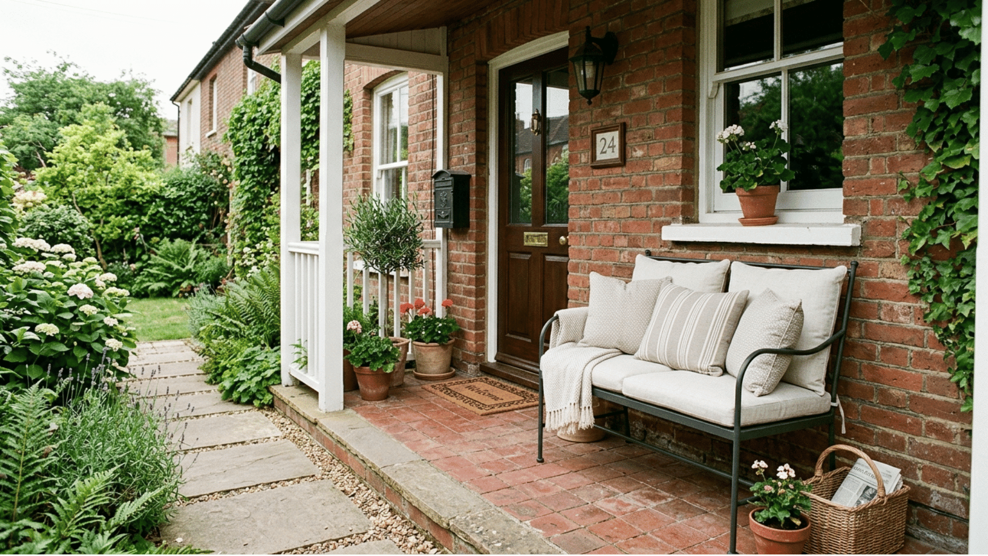 a slim two-seater bench with neutral outdoor cushions
