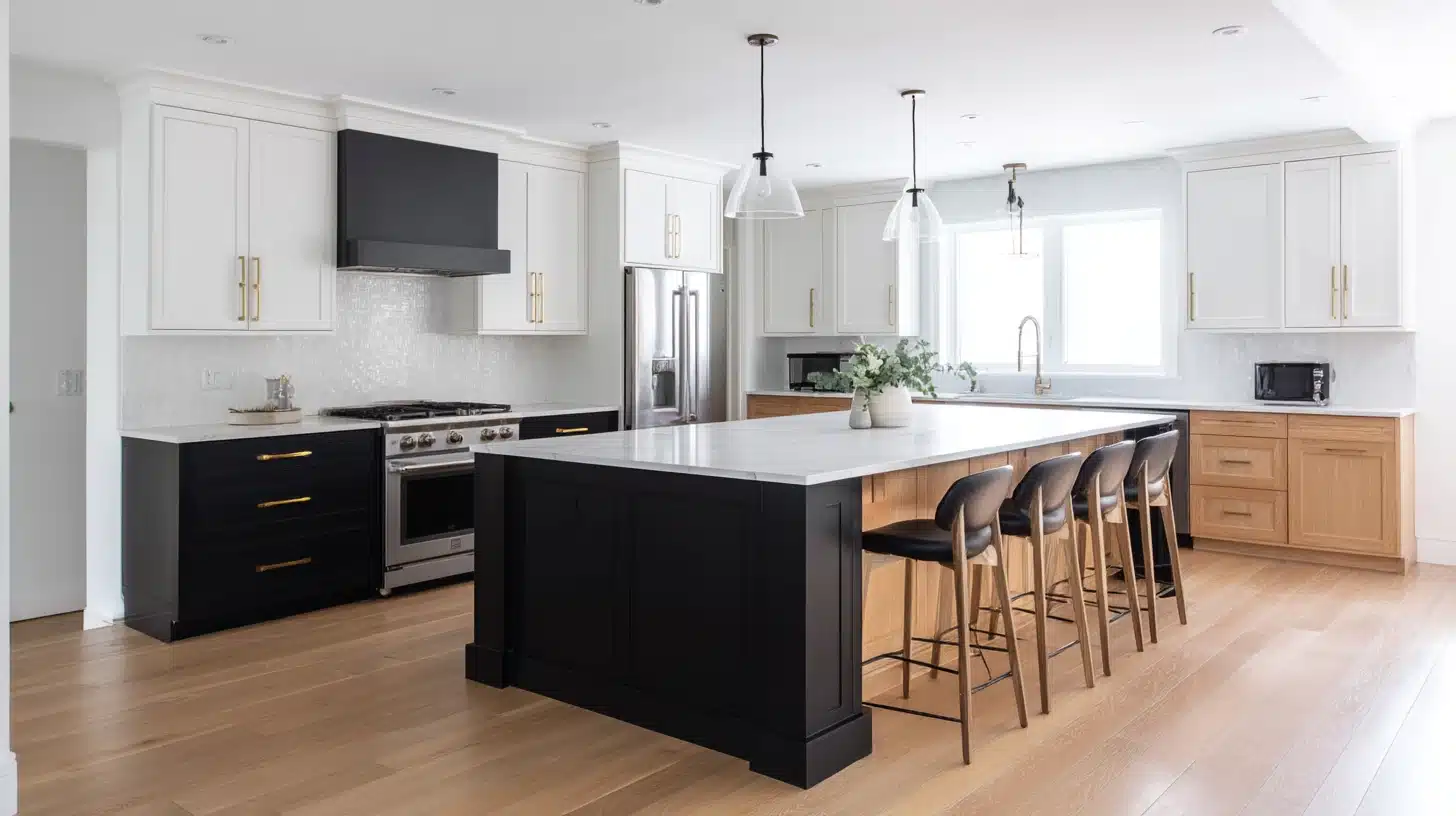 A modern kitchen featuring black and white cabinets with sleek white countertops, creating a stylish contrast