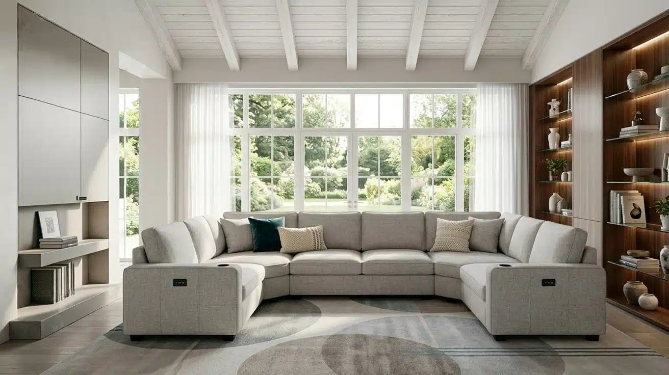 Stylish living room with a U-shaped sectional sofa and a modern coffee table as the focal point.
