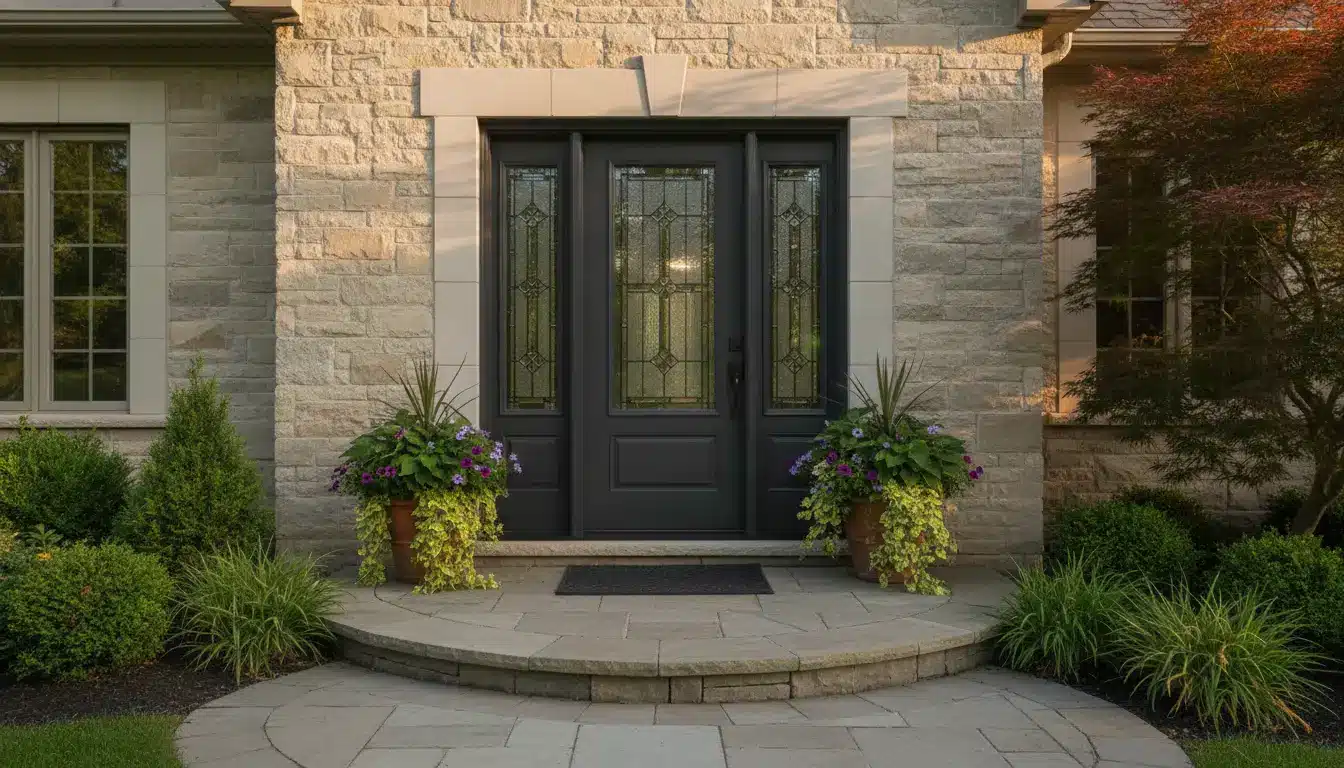 Elegant stone entryway with double glass doors and potted plants flanking the entrance