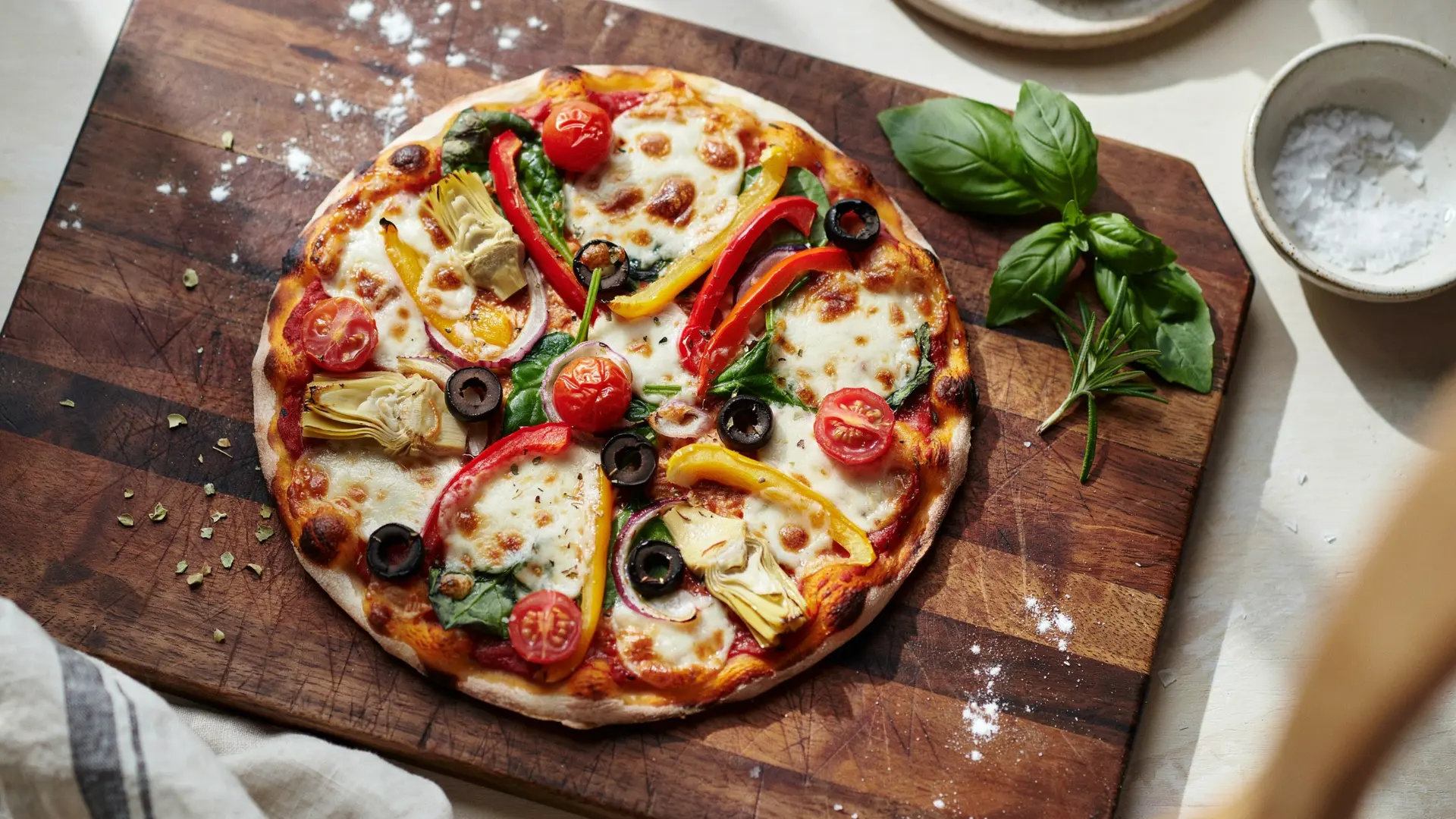 A freshly made pizza topped with colorful vegetables, displayed on a rustic wooden cutting board.