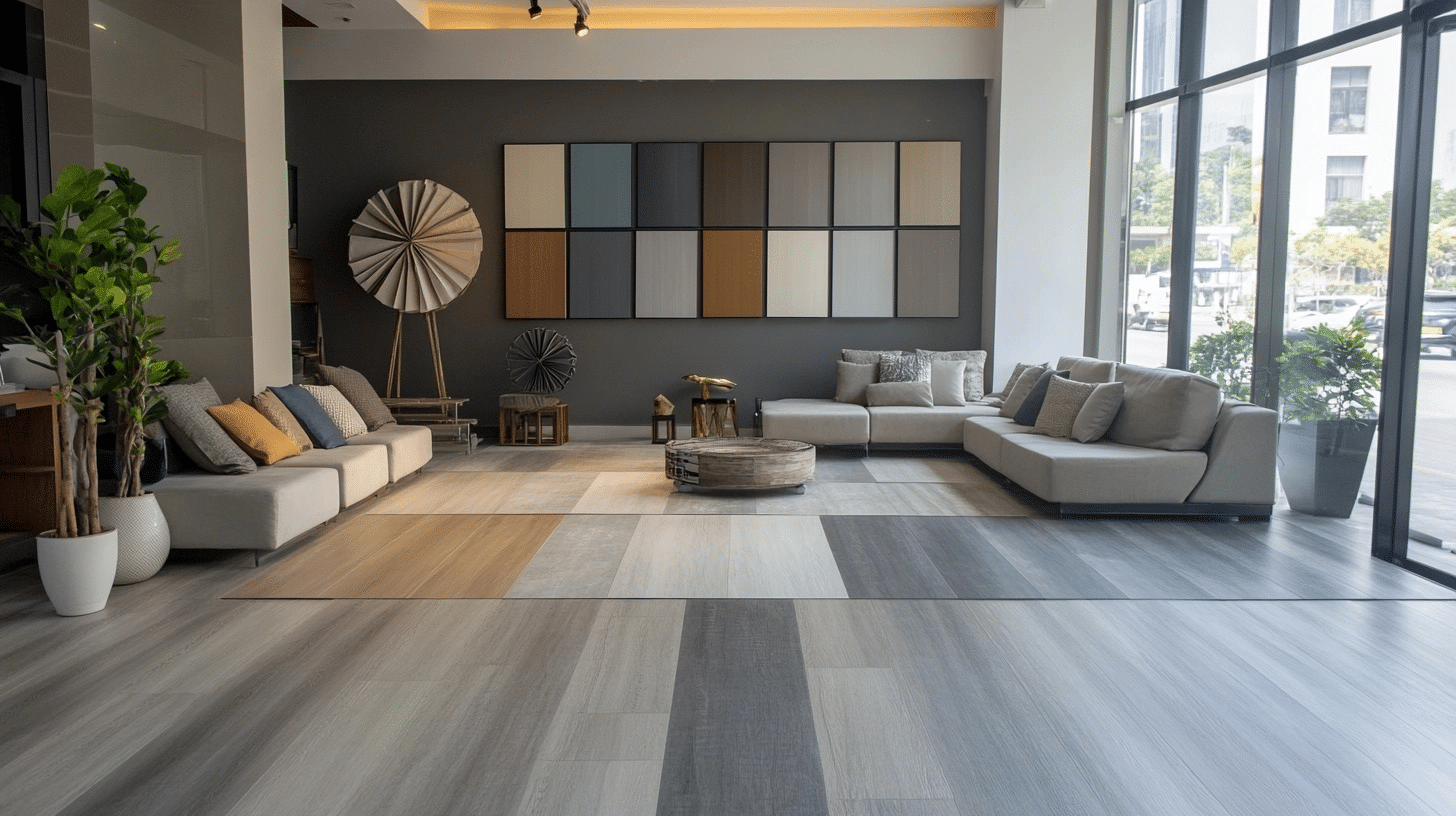 modern living room with gray flooring samples and wall color panels for interior design inspiration