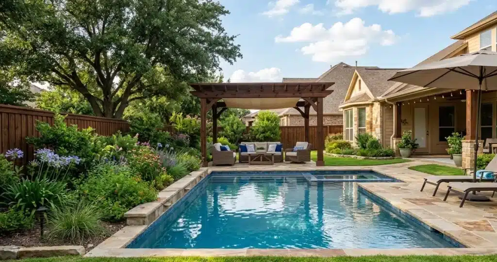 Backyard pool area with wooden pergola, outdoor seating, and lush garden landscaping