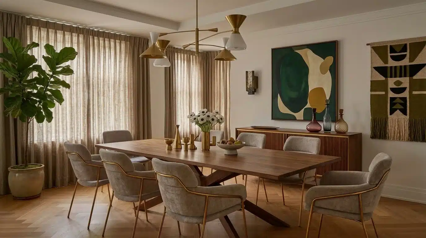 A stylish dining room showcasing upholstered chairs and a prominent painting, enhancing the overall decor.