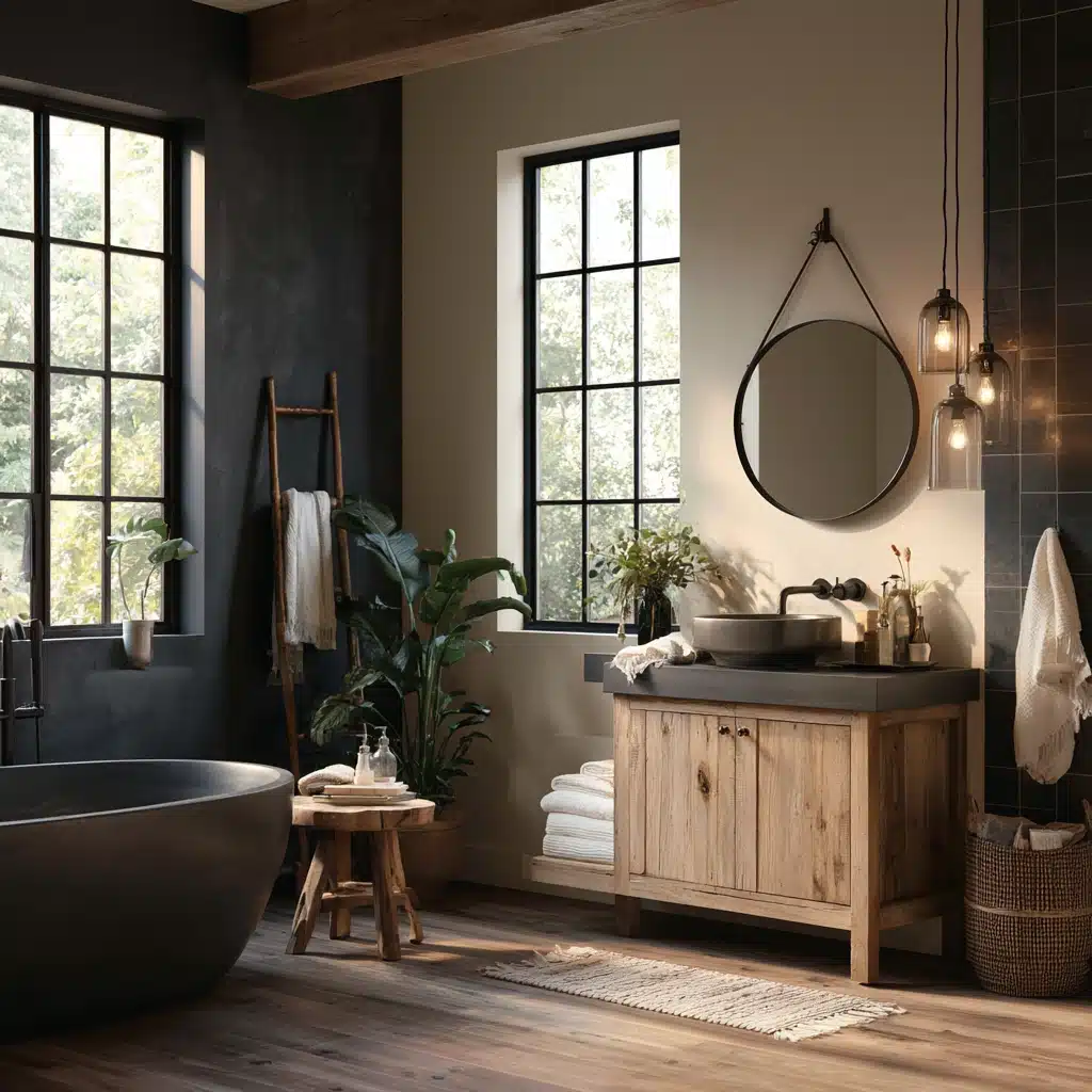 moody modern rustic bathroom in urban bronze with dark bathtub, wooden vanity, round mirror, and large windows
