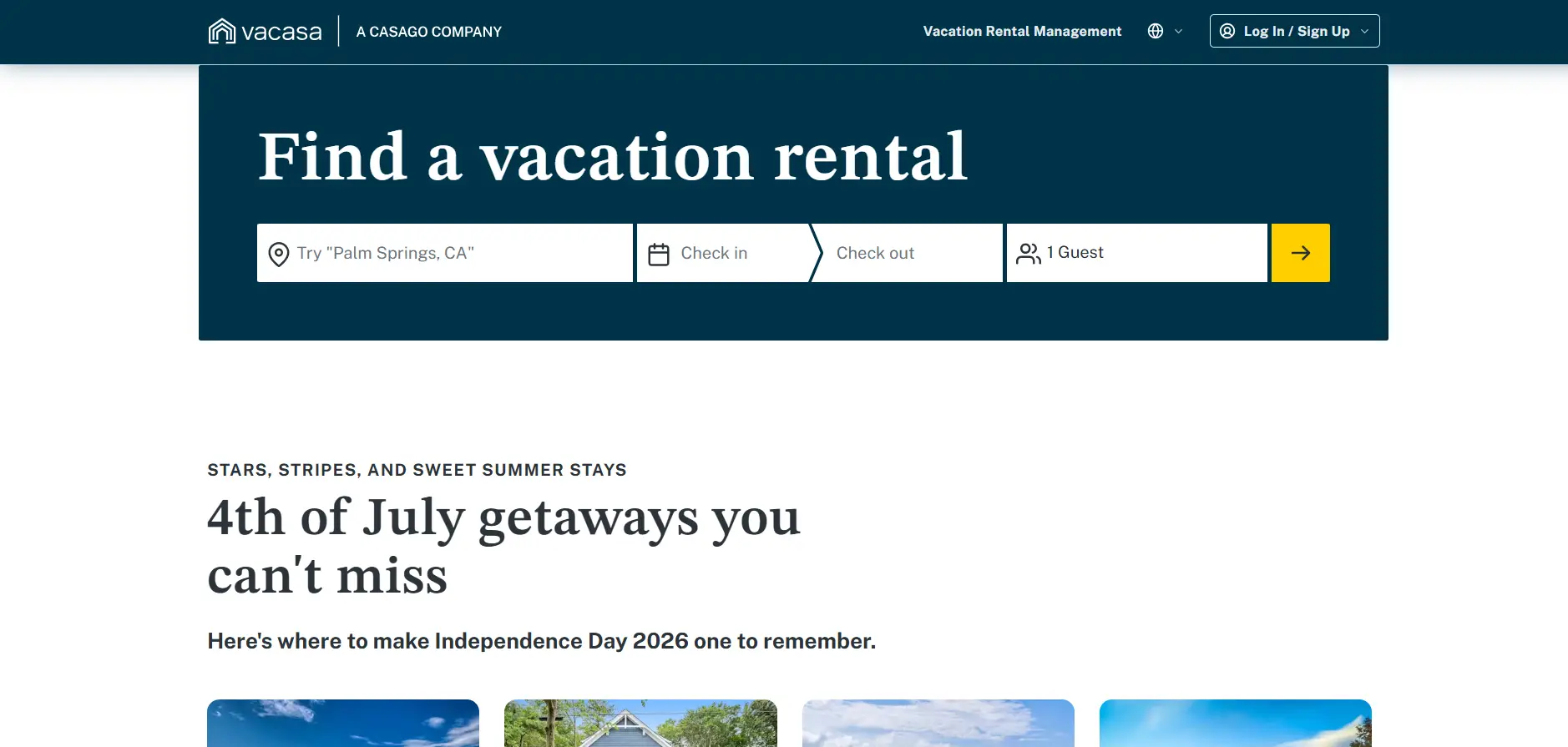 Online vacation rental search interface with check-in and guest selection options