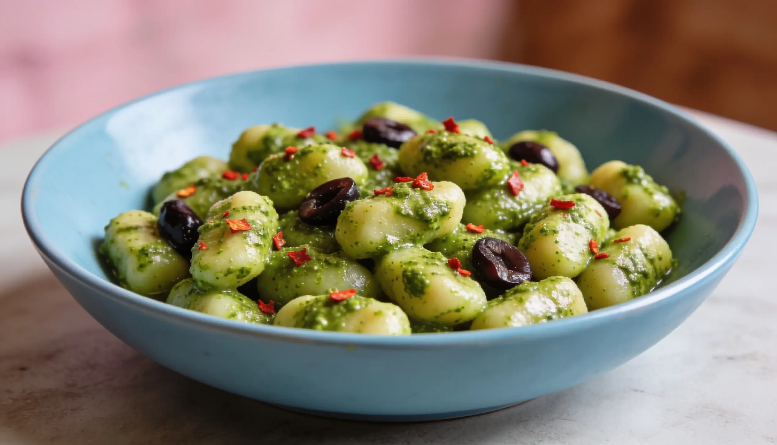Blue bowl filled with pesto gnocchi topped with olives and red pepper flakes.