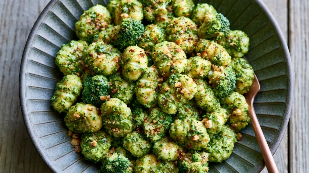 A serving bowl containing steamed broccoli, sprinkled with nuts and cheese, representing a wholesome and flavorful dish.
