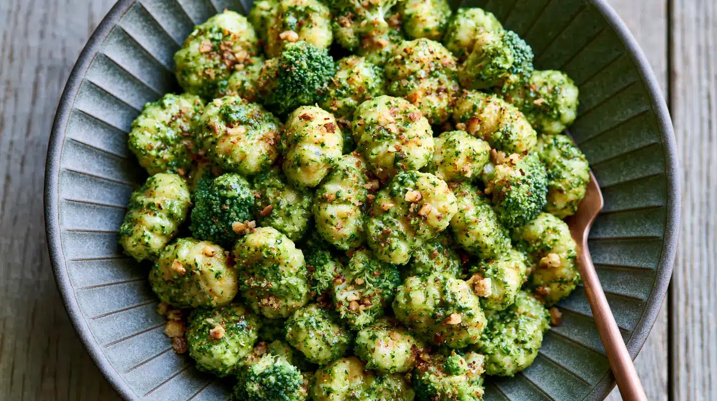 A serving bowl containing steamed broccoli, sprinkled with nuts and cheese, representing a wholesome and flavorful dish.