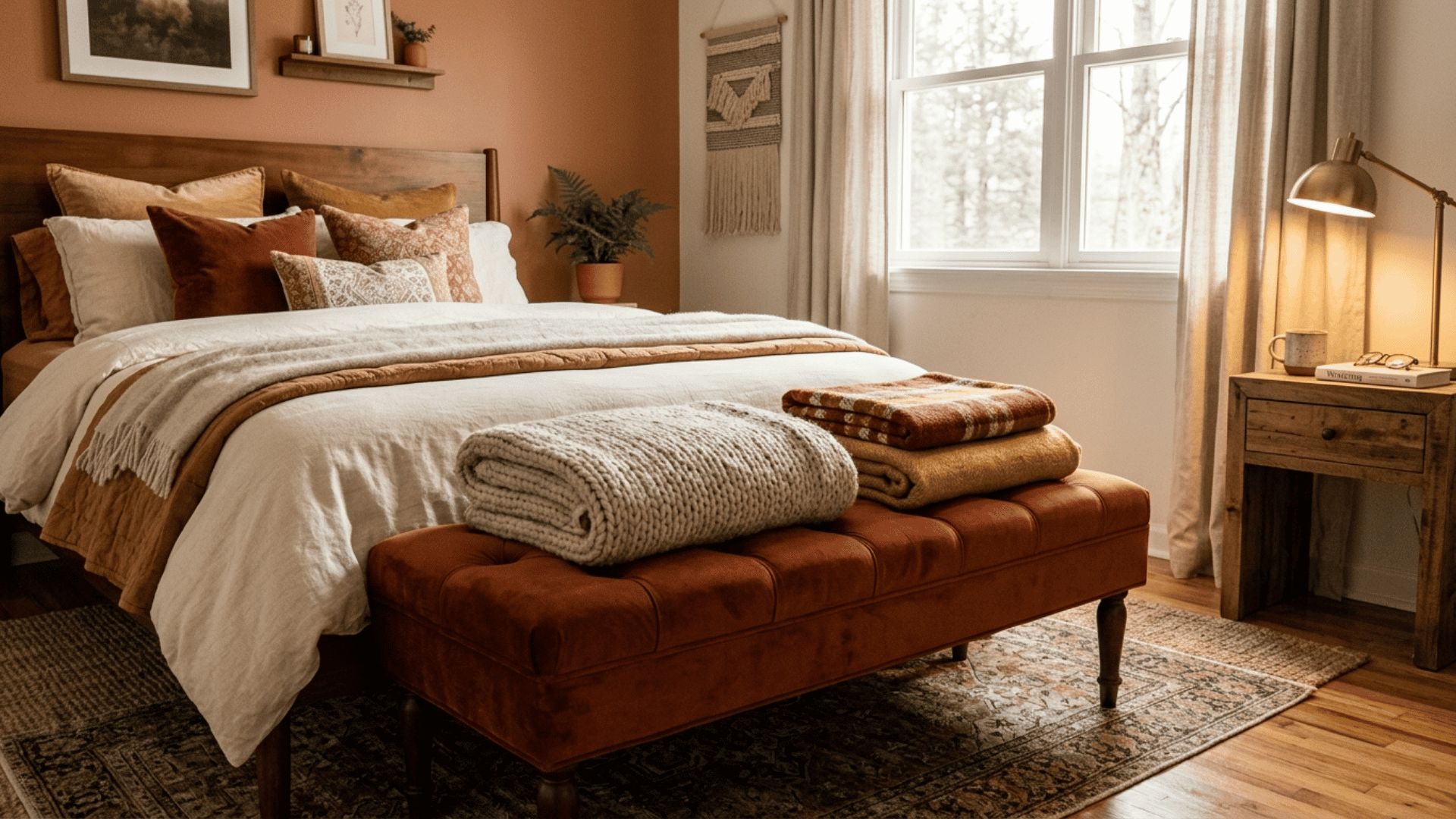 rust velvet bench at the foot of a cozy bed styled with folded throws and warm decor