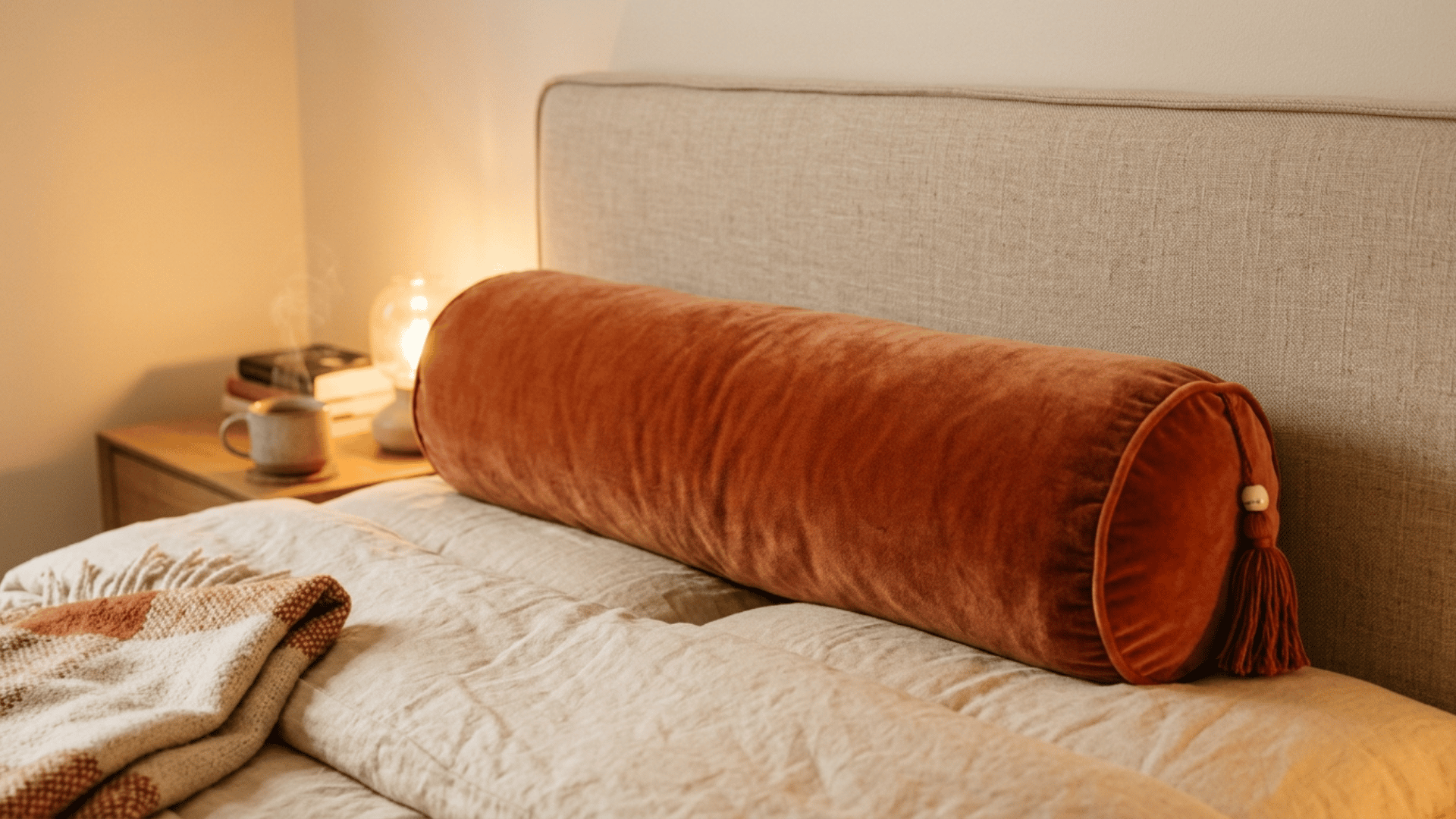 rust velvet bolster cushion resting against a neutral headboard on a cozy layered bed
