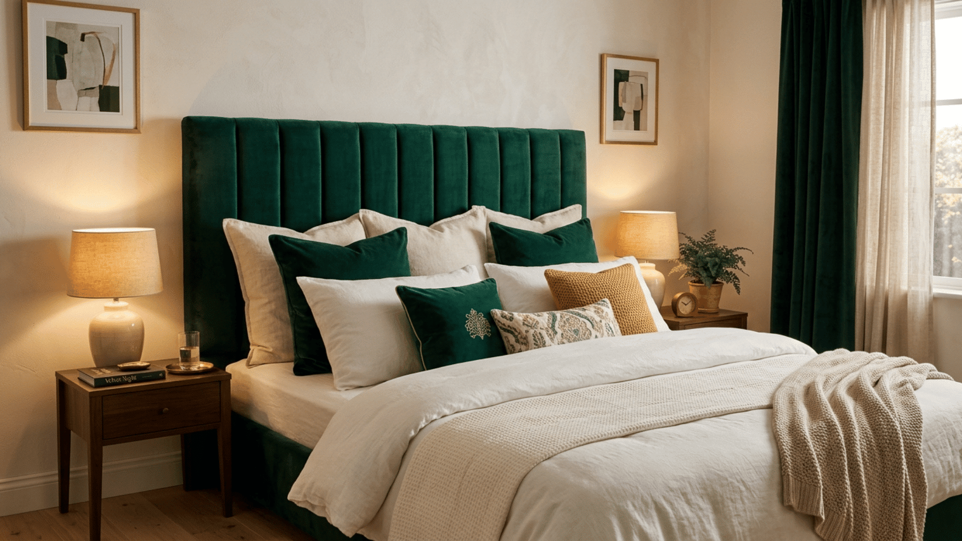 emerald green velvet headboard styled with cream and green pillows in a cozy warm bedroom