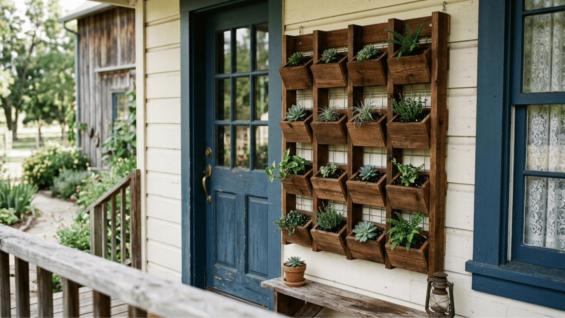 vertical wall planters with trailing green plants