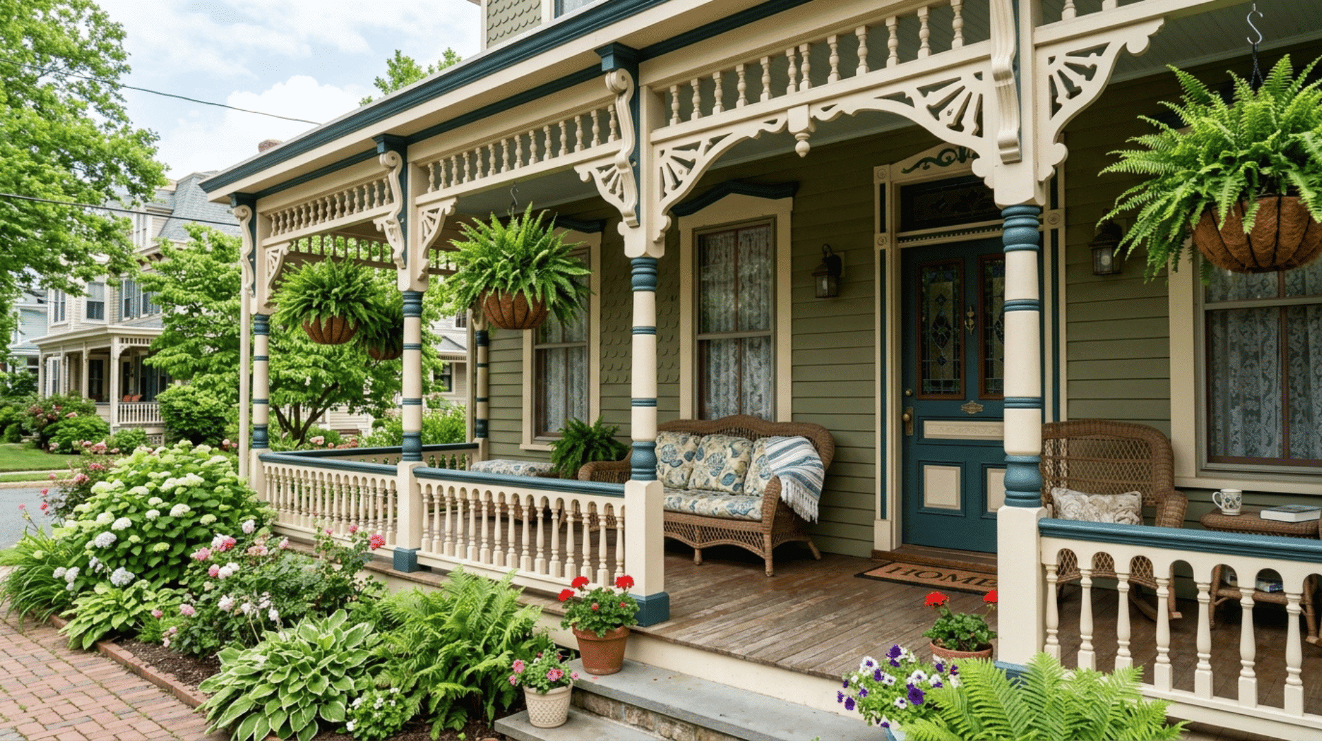 victorian trim with a wicker settee and hanging ferns