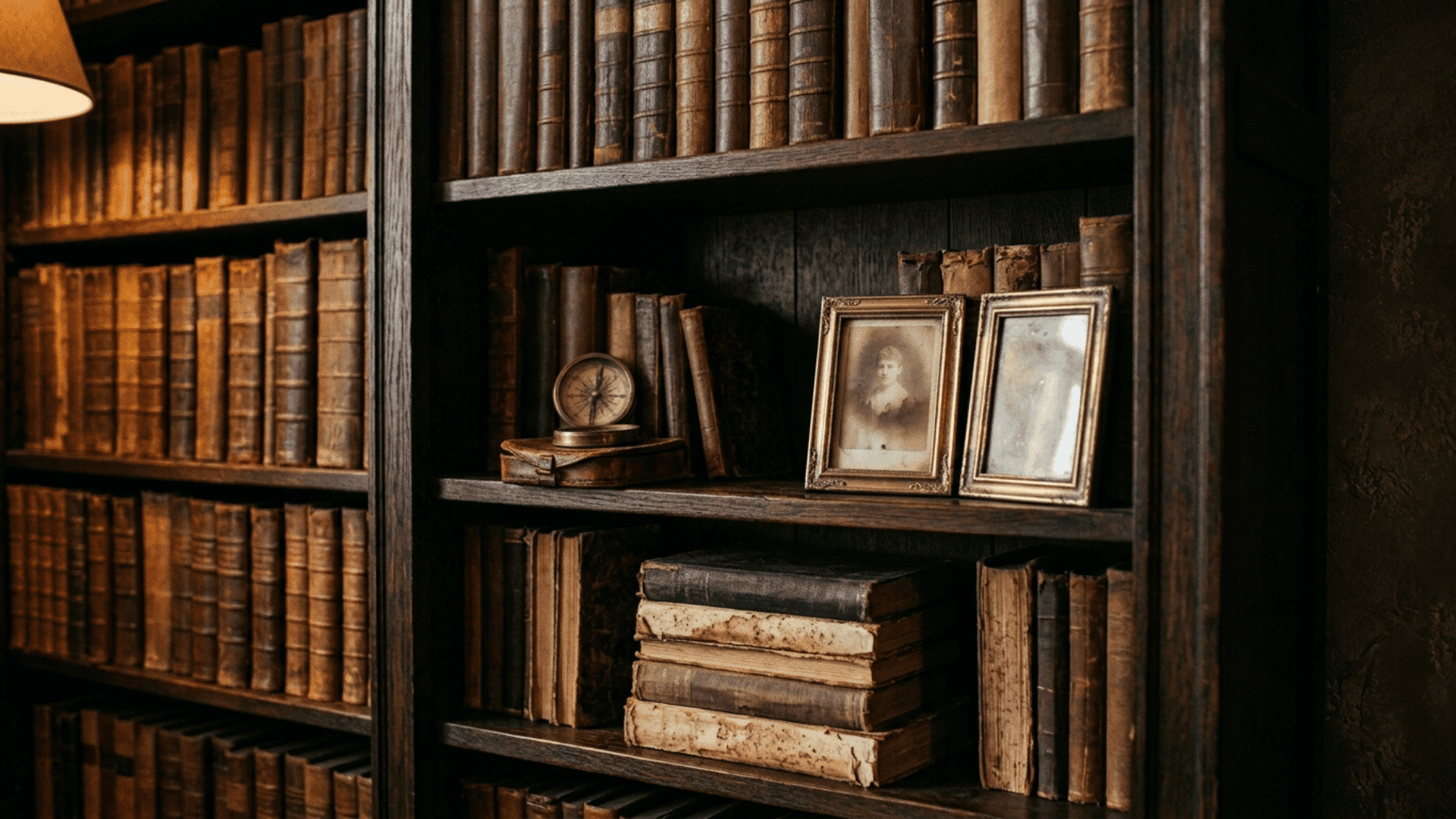 dark wood bookshelf with aged leather bound books an old compass and vintage picture frames