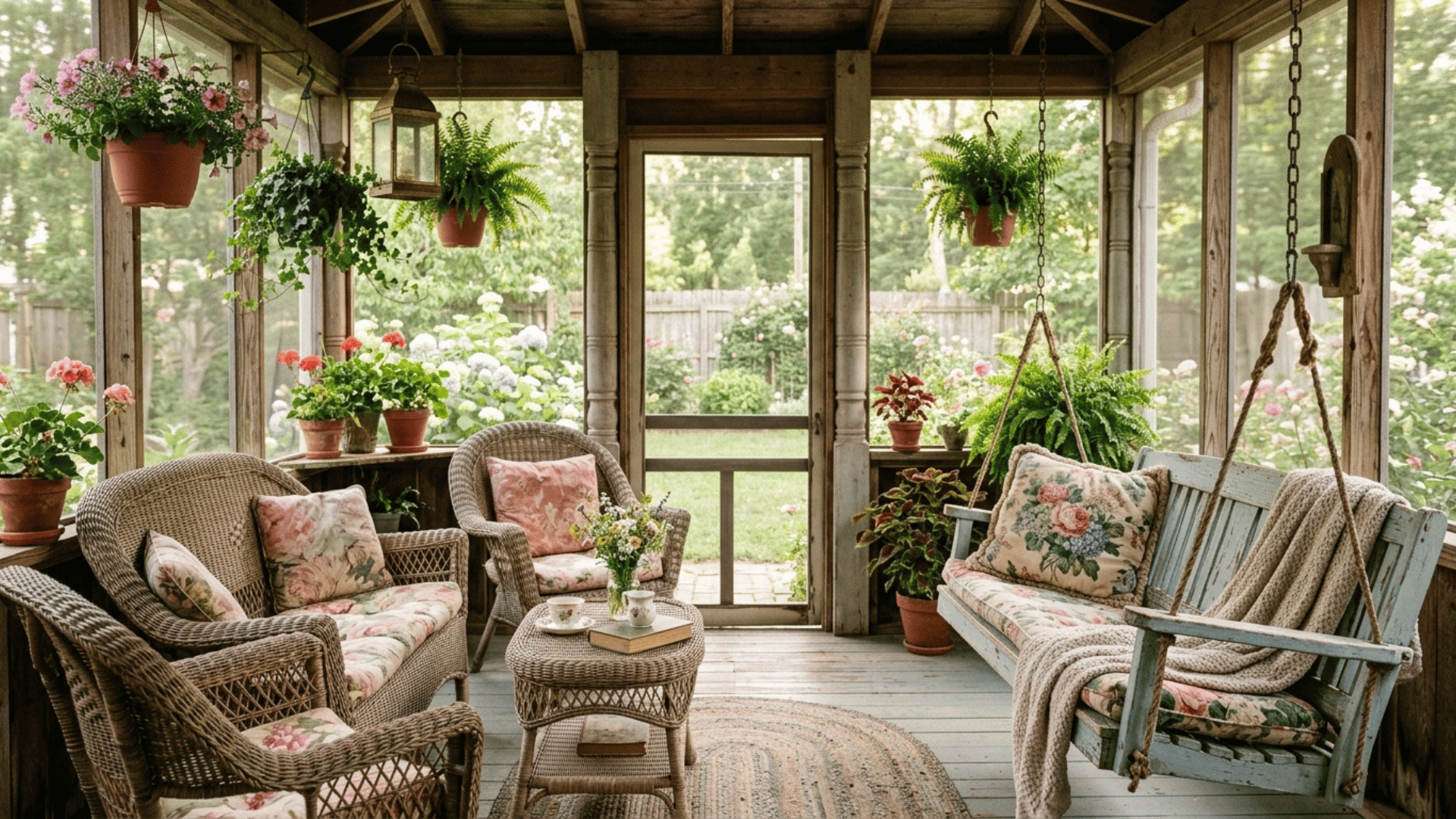vintage cottage screened porch with floral cushions and porch swing