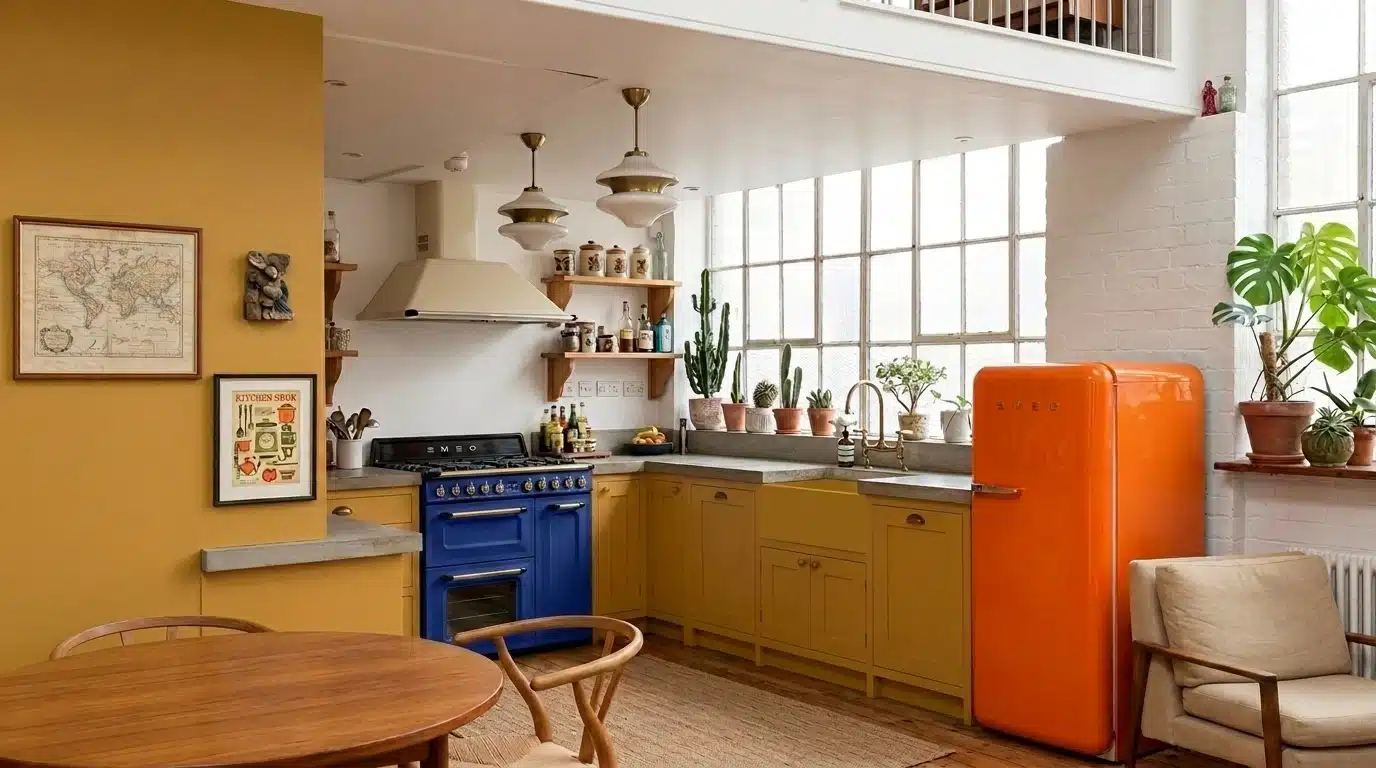 A vintage-inspired kitchen displaying an orange refrigerator alongside yellow cabinets, emphasizing a cheerful, retro atmosphere.