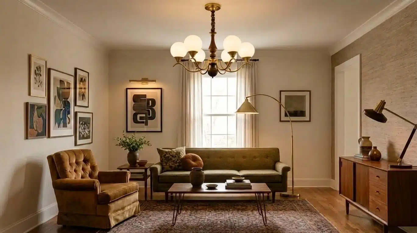 A vintage-inspired living room featuring a couch, chair, and decorative rug, illuminated by stylish lighting fixtures.