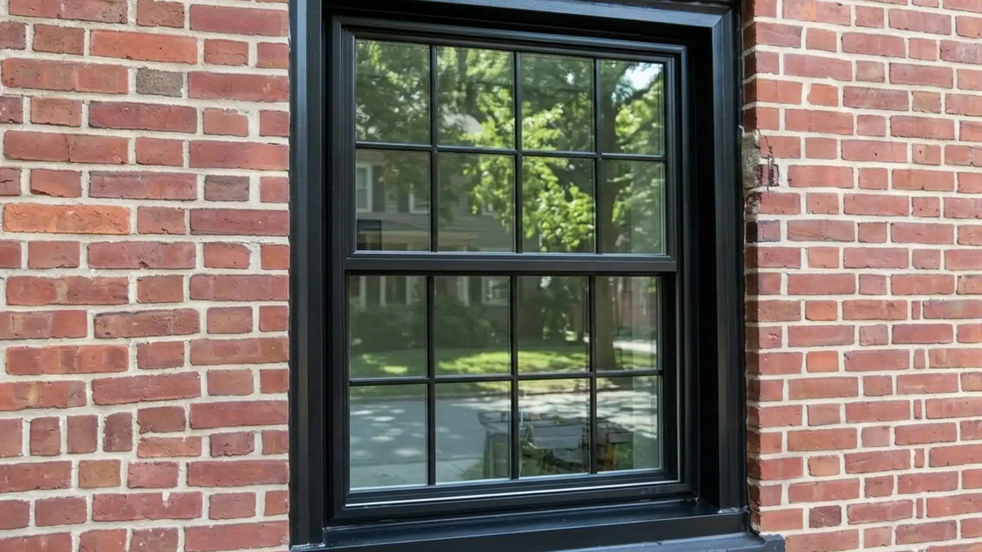 A black-paned window is set into a red brick wall, reflecting trees and a house.