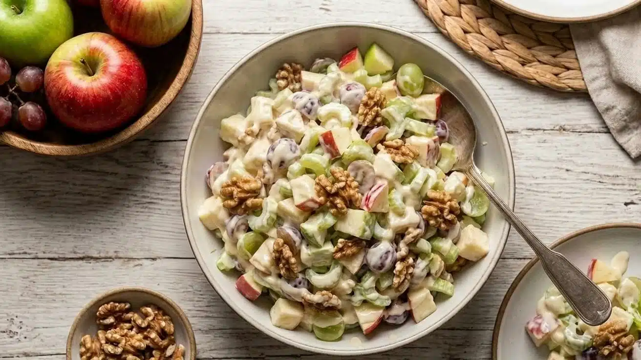 Creamy Waldorf salad made with apples, grapes, celery, and walnuts in a rich dressing.