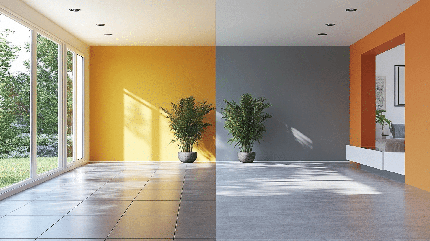split view comparing room design options: yellow walls vs gray and orange walls with gray floors