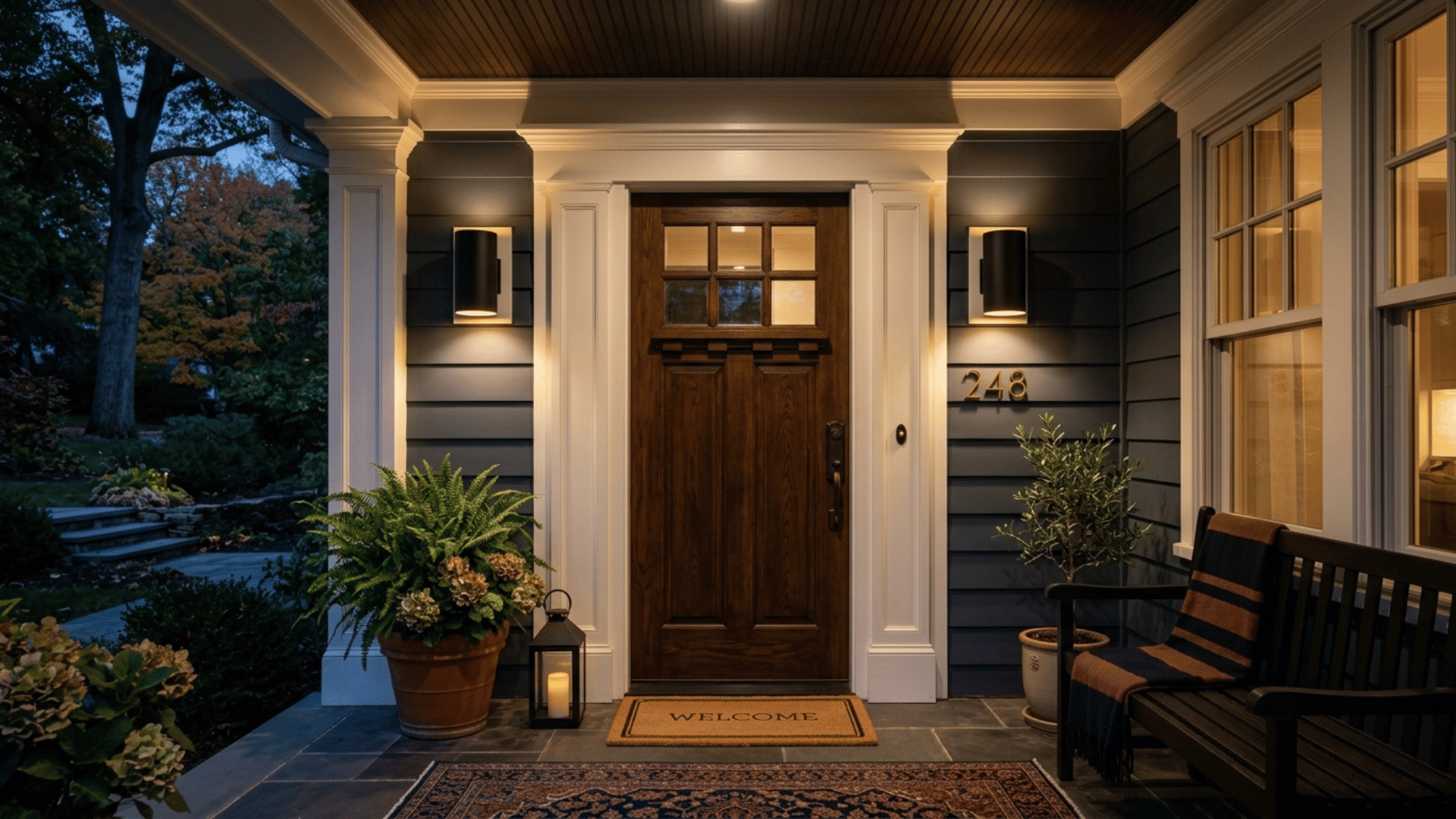 matte black wall sconces flanking the front door