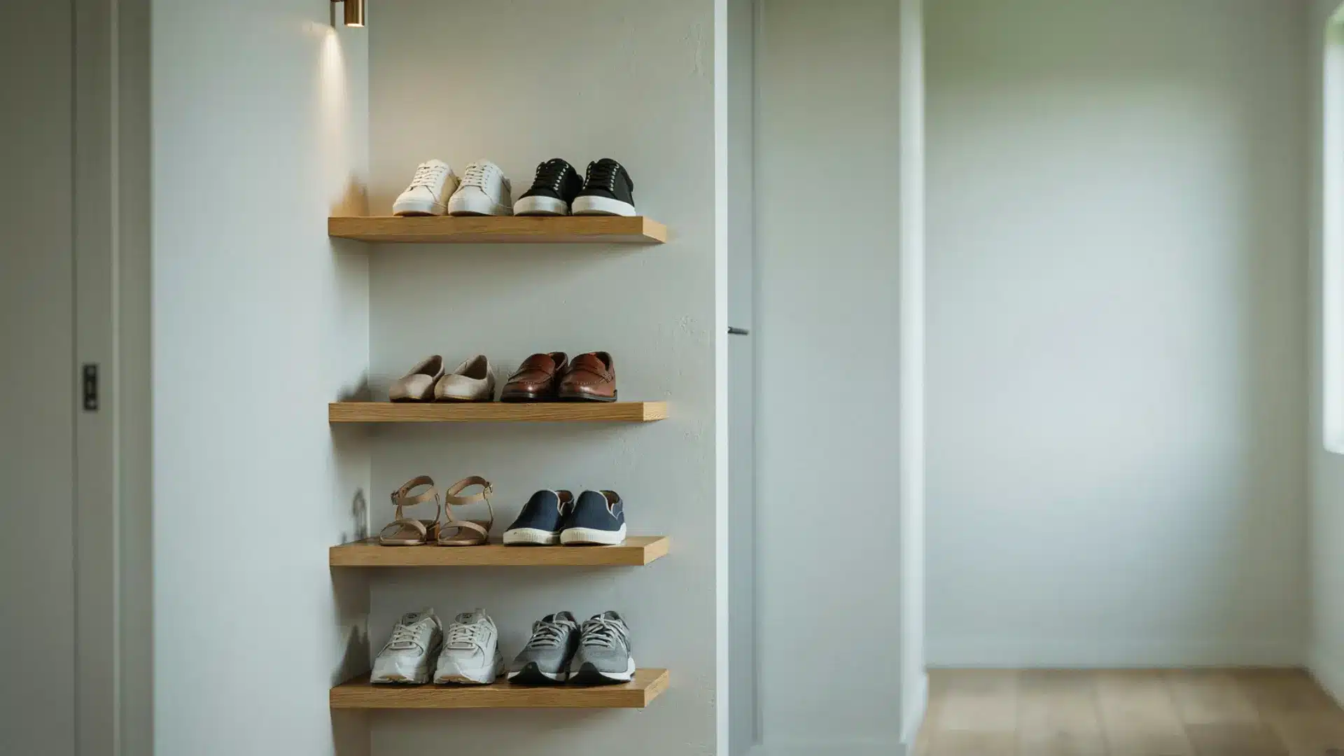 Wall-mounted wooden shoe shelves holding sneakers, flats, and sandals.